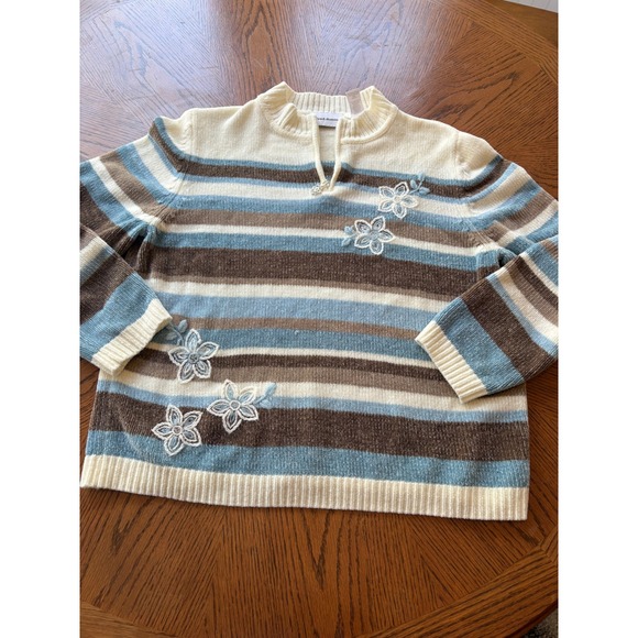 Alfred Dunner Womens Chenille Striped Floral Embroidered Mock Neck Zip Sweater L - Picture 2 of 7